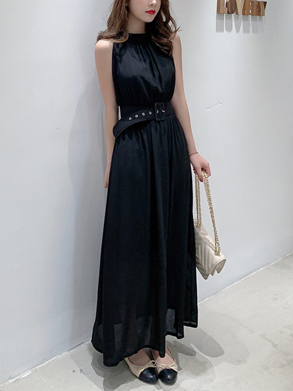 High Neck Sleeveless Belt Solid Color Maxi Dress