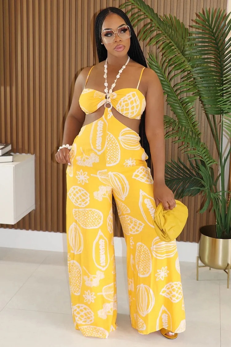 Sketch Print Halter Cami Cutout Vacation Wide Leg Jumpsuit-Yellow