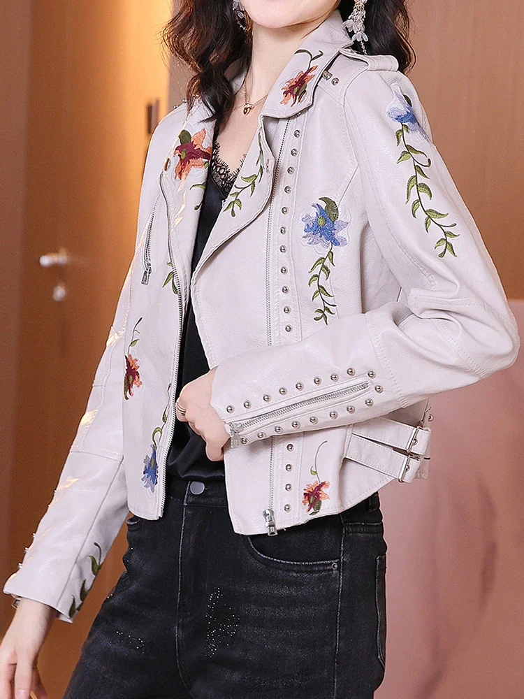 Retro Floral Print Embroidery Faux Soft Leather Jacket