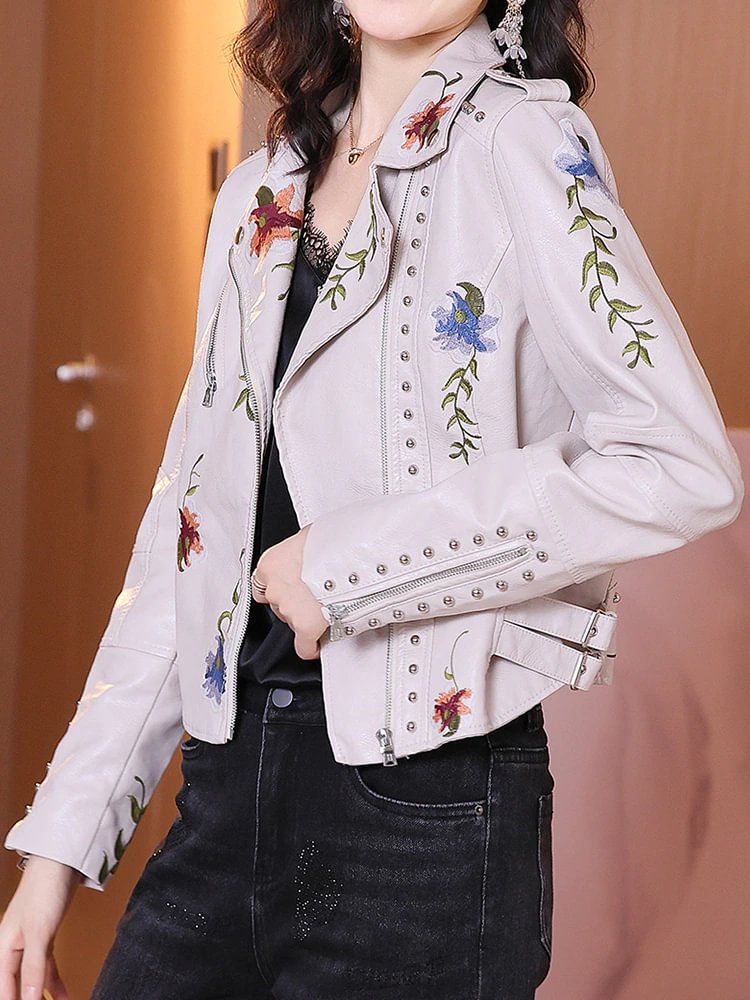 Retro Floral Print Embroidery Faux Soft Leather Jacket