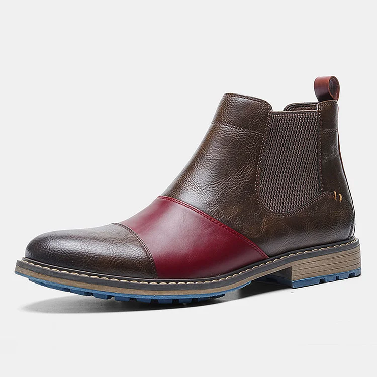 Colorblock Patchwork PU Leather Sewing Round Toe Mid Top Chelsea Boots