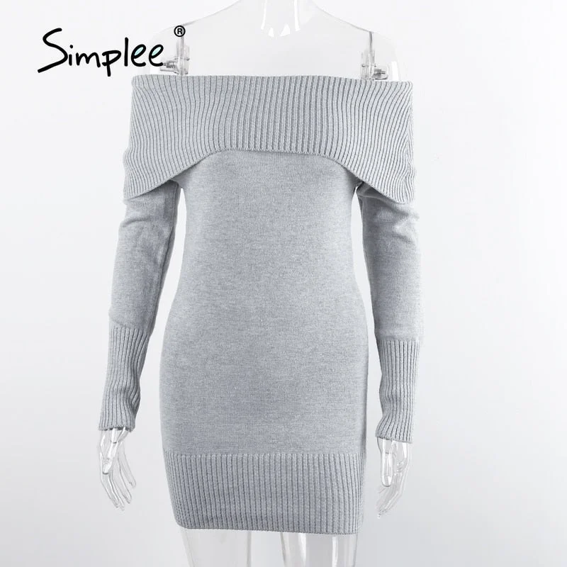 Simplee Off shoulder knitted women dress Long sleeve sheath female sexy dress 2019 autumn winter work wear short dress vestidos