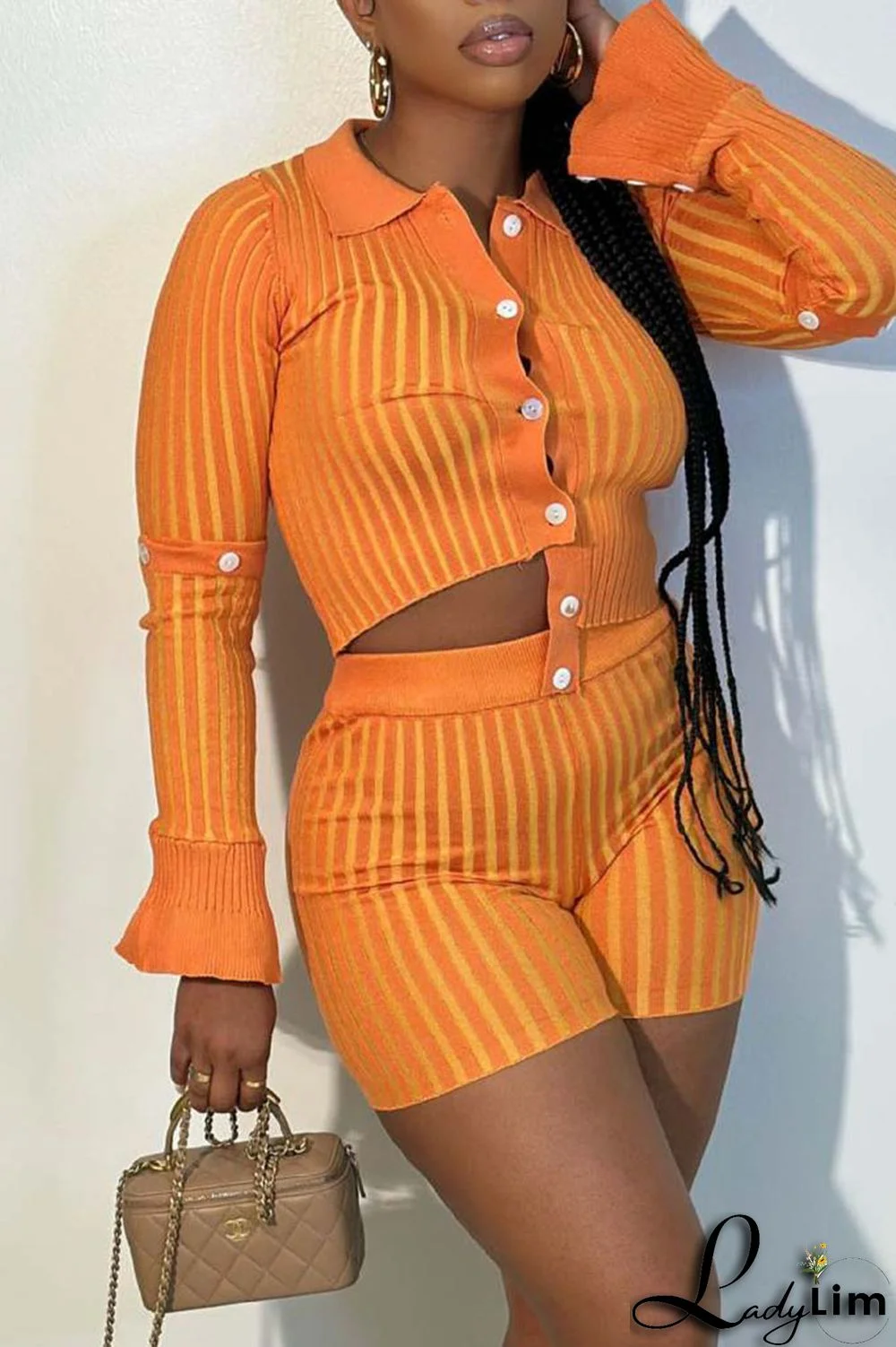 Orange Sexy Striped Print Patchwork Buckle Asymmetrical Turndown Collar Long Sleeve Two Pieces