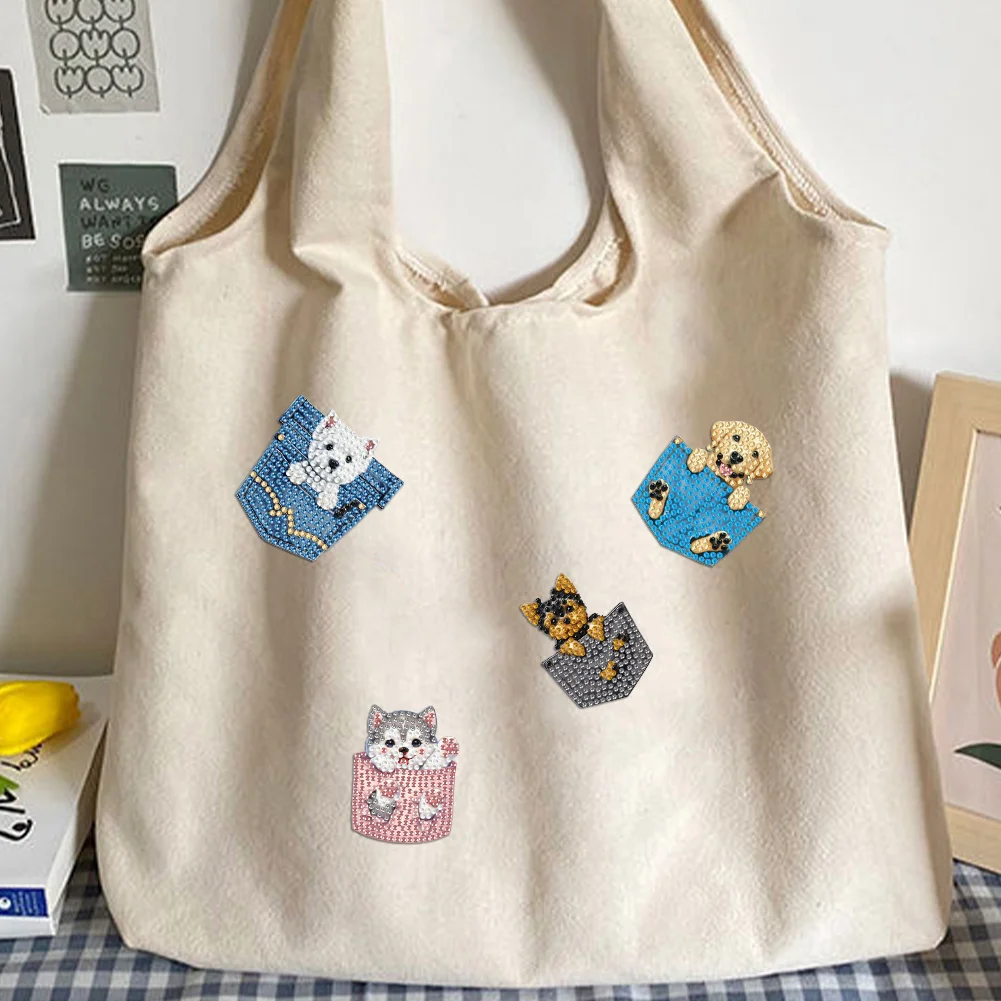 4Pcs DIY Pocket Dog Diamond Painting Brooch DIY Diamond Badge Pins for Art Crafts