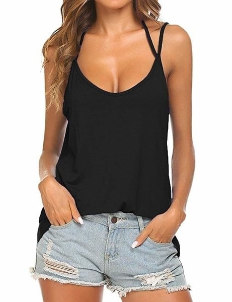 Women Fashion Summer Tank Tops Low Cut Sleeveless Solid Color Off Shoulder Tank Shirt Spaghetti Strap Halter Backless Casual Vest Top - BlackFridayBuys