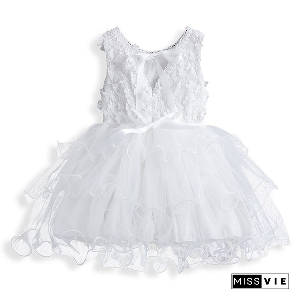 Girl's Fashion Backless Dress Appliques Flower Clothes Layered Mesh Princess Dress for Summer Beach Casual Wear 2 Styles