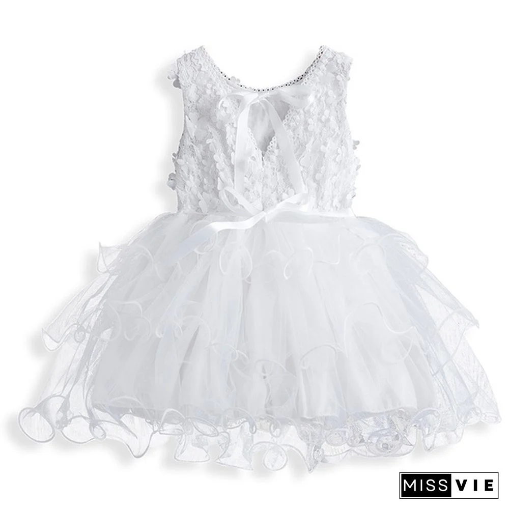 Girl's Fashion Backless Dress Appliques Flower Clothes Layered Mesh Princess Dress for Summer Beach Casual Wear 2 Styles