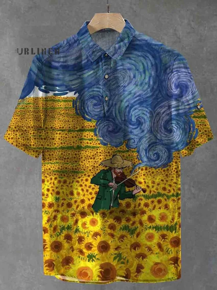 Vintage Vincent Van Gogh Print Casual Cotton And Linen Polo