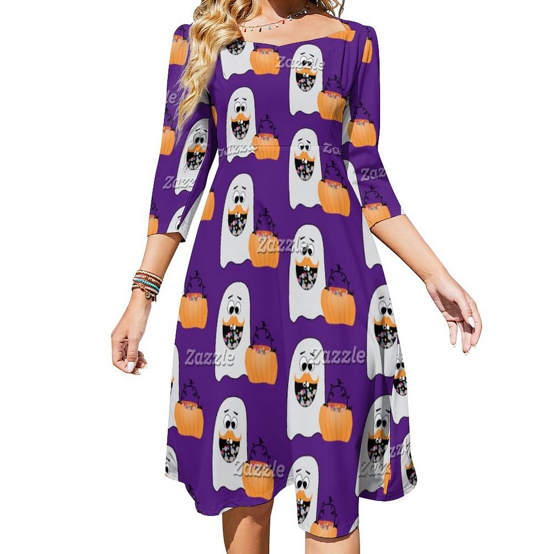Cute Halloween Ghost Pumpkin Purple Pattern Dress Sweetheart Tie Back Flared 3/4 Sleeve Midi Dresses