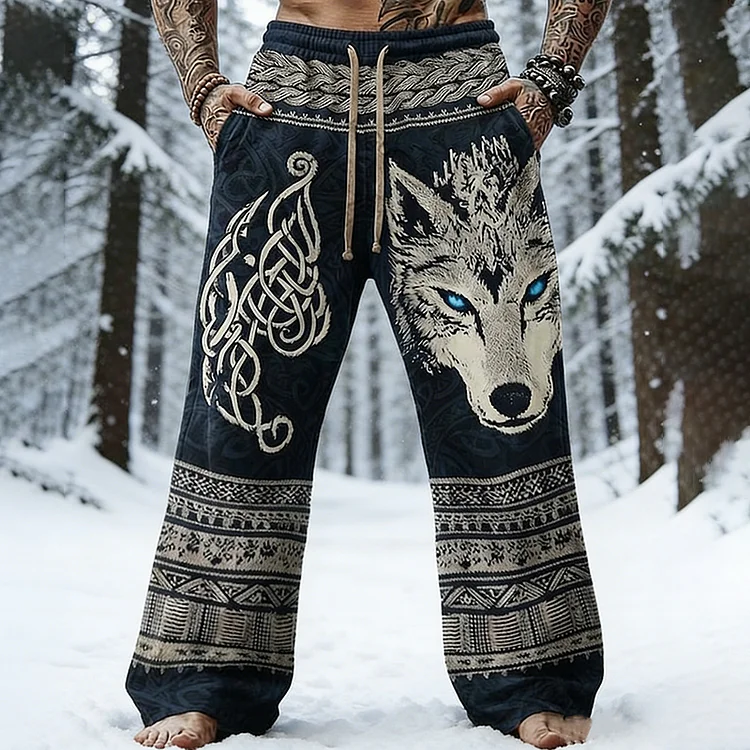 Men's Retro Viking Style Celtic Wolf Pattern Comfortable Knit Casual Pants