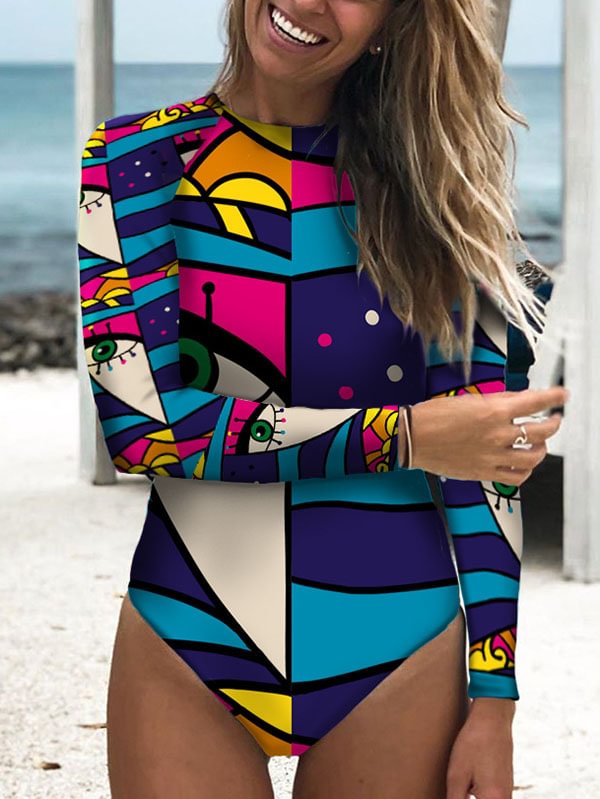 Women's Long Sleeve Abstract Print One-Piece Swimsuit