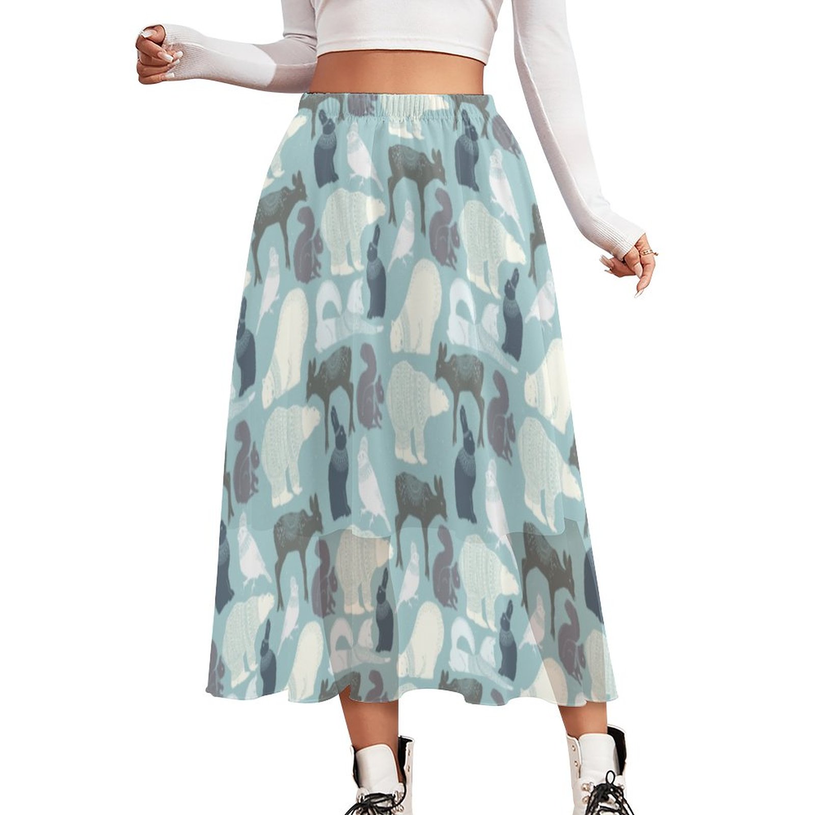 Winter Animals Polar Bear Fox Squirrel ns Double-Layered High Waist Midi Chiffon Skirt