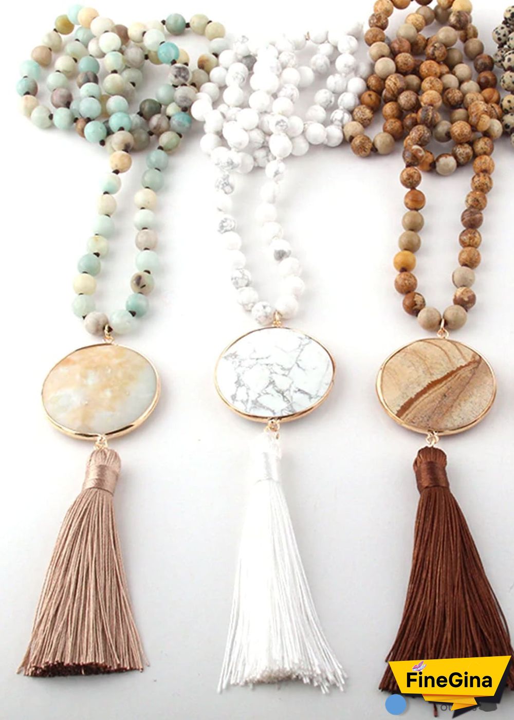 Boho Necklace, RH Amazonite Jasper, Circle Tassel Green White Natural Stone
