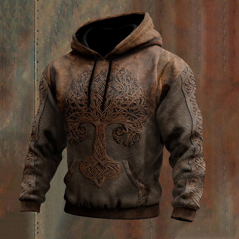 Men's Vintage Viking Tree Of Life Patchwork Casual Hoodie elevenforest