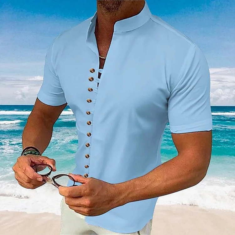 Men's Vintage Cotton And Linen Stand Collar Single Breasted Short Sleeve Shirt 89349370Z