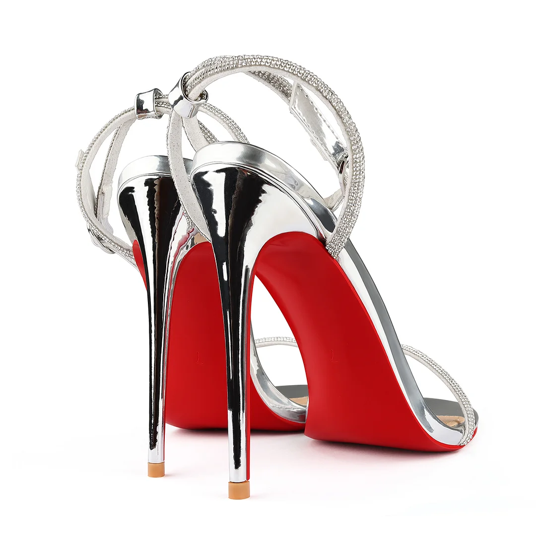 120mm Women's Red Bottom Diamonds Studded Straps Sandals High Heels Open Toe Stiletto Shoes -MERUMOTE