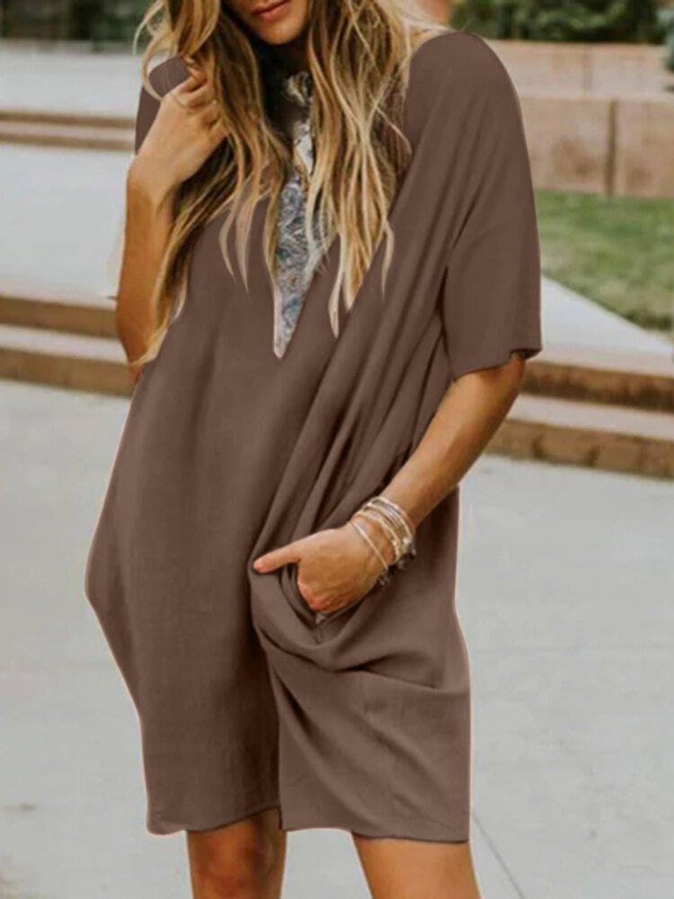 Leisure Solid Pocket Half Sleeve Midi Dress - Shop Trendy Women's Clothing | LoverChic