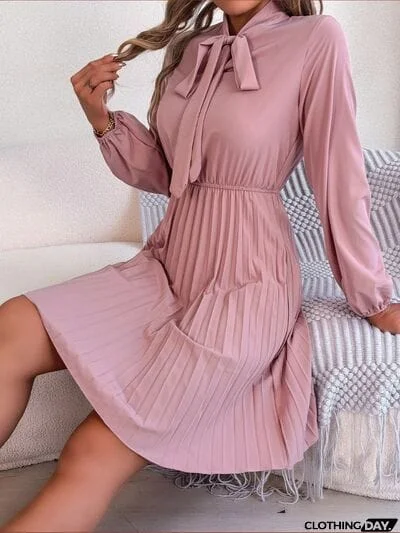 Tie Neck Balloon Sleeve Pleated Dress