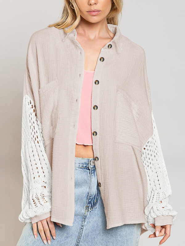 Pocket Sleeves Patchwork Lace High-grade Shirt