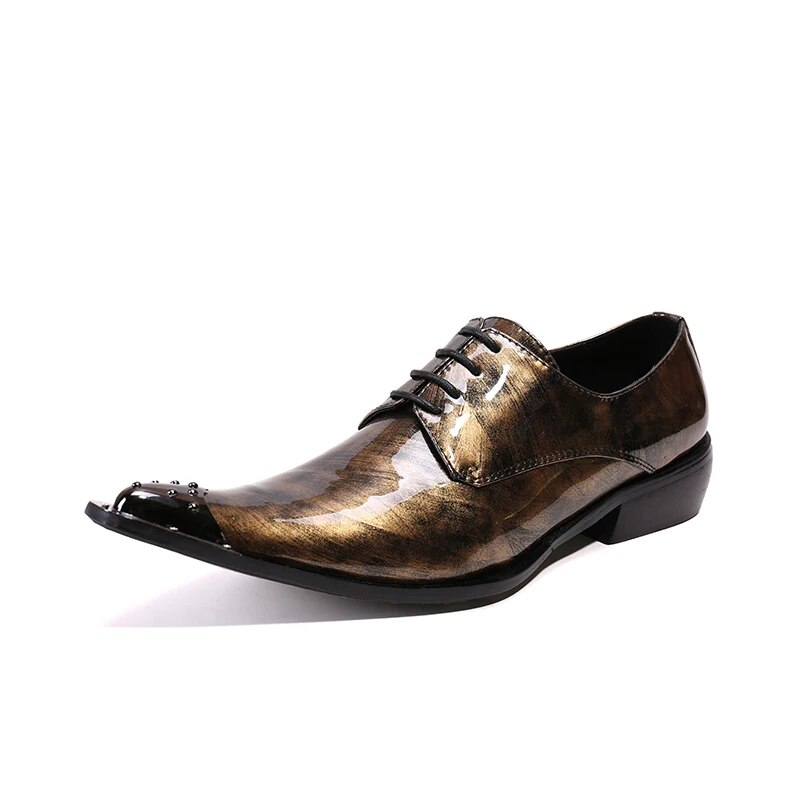 VCSHOES Plus Size Metal Pointed Toe Male Oxfords Shoes Brown Lacquer Men's Party Shoes Man Real Leather Brogue Shoes