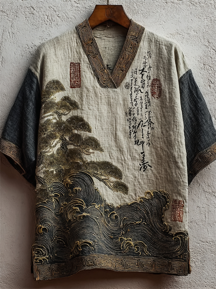 Men's Japanese Pine Trees & Sea Waves Calligraphy Art Linen Shirt  artssus