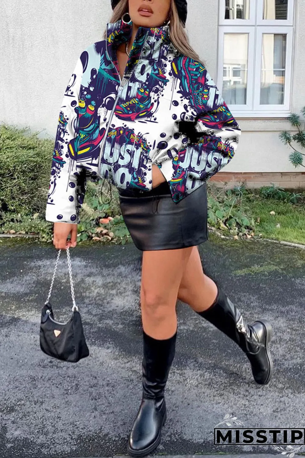 Cyanine Fashion Casual Print Basic Mandarin Collar Outerwear