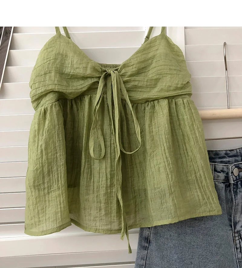 Wongn Summer New Korean Style Sweet Crop Tops All-Match Bow Tie Sleeveless Short Mesh Outer Wear Spaghetti-Strap Camisole Top 703-1