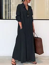 Casual and simple plain long-sleeved shirt collar cotton and linen maxi dress