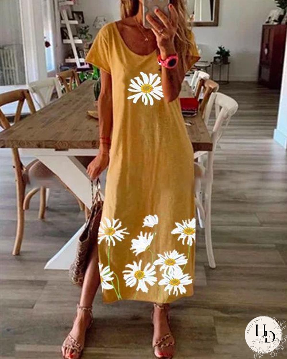 Floral Printed Summer Maxi Dress Crew Neck Women Dresses