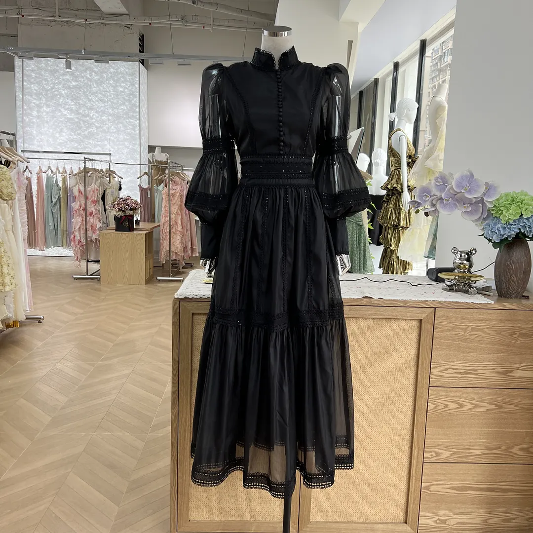 Brownm 2024 Fashion Classic Elegant Long Princess Bubble Sleeves Egan Yarn Large Size Women's Dress Thin