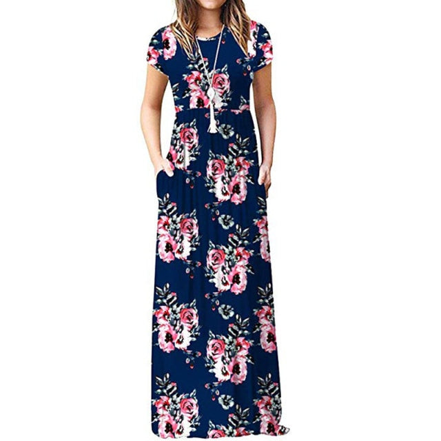 2021 Summer Maxi Floral Dress Women Long Party Dress Ladies Loose Pocket Short Sleeve Casual Dress Robe Femme Sundress Lanfubeisi
