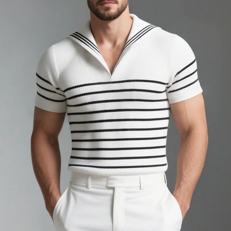 Okaywear Sailor Collar Short Sleeve Black Stripes Knitted Shirt Okaywear