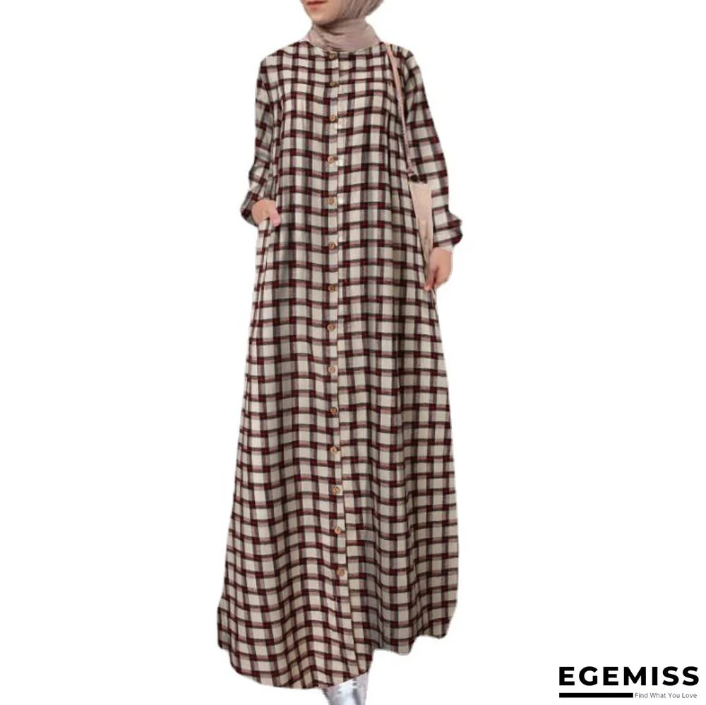 Ethnic Long Sleeve Loose Cardigan Temperament Plaid Cotton and Hemp Long Dress Linen Dresses | EGEMISS