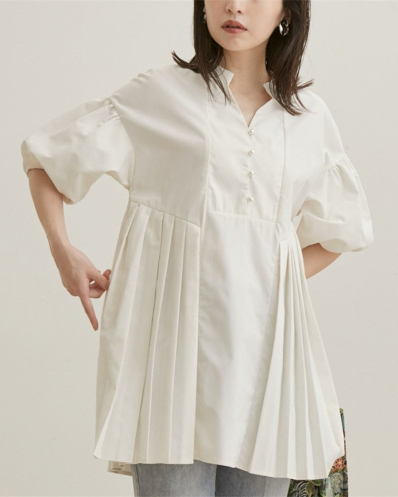 Stand Up Collar Pleated Detail Short Puffy Sleeve Shirt Style Top