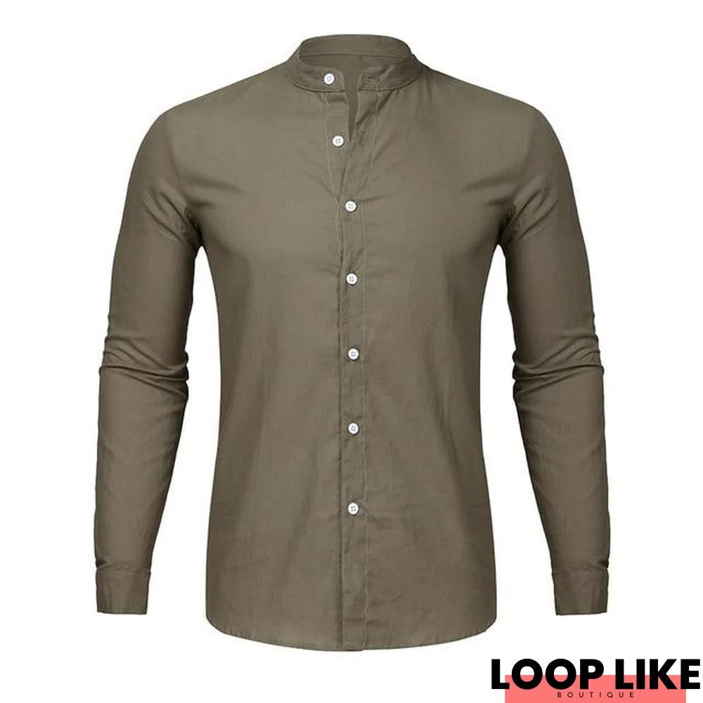 Men's Casual O-Neck Button Solid Beach Long Sleeve Casual Top Blouse Linen