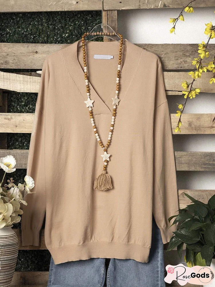 Cotton-Blend Long Sleeve V Neck Tops