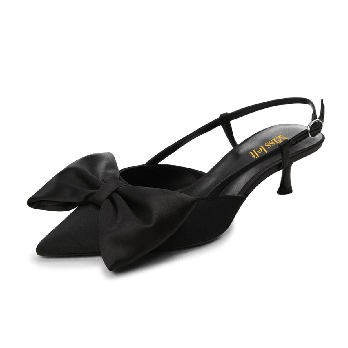 Black Satin Bows Pointed Toe Kitten Heel Buckle Slingback Pumps Nicepairs