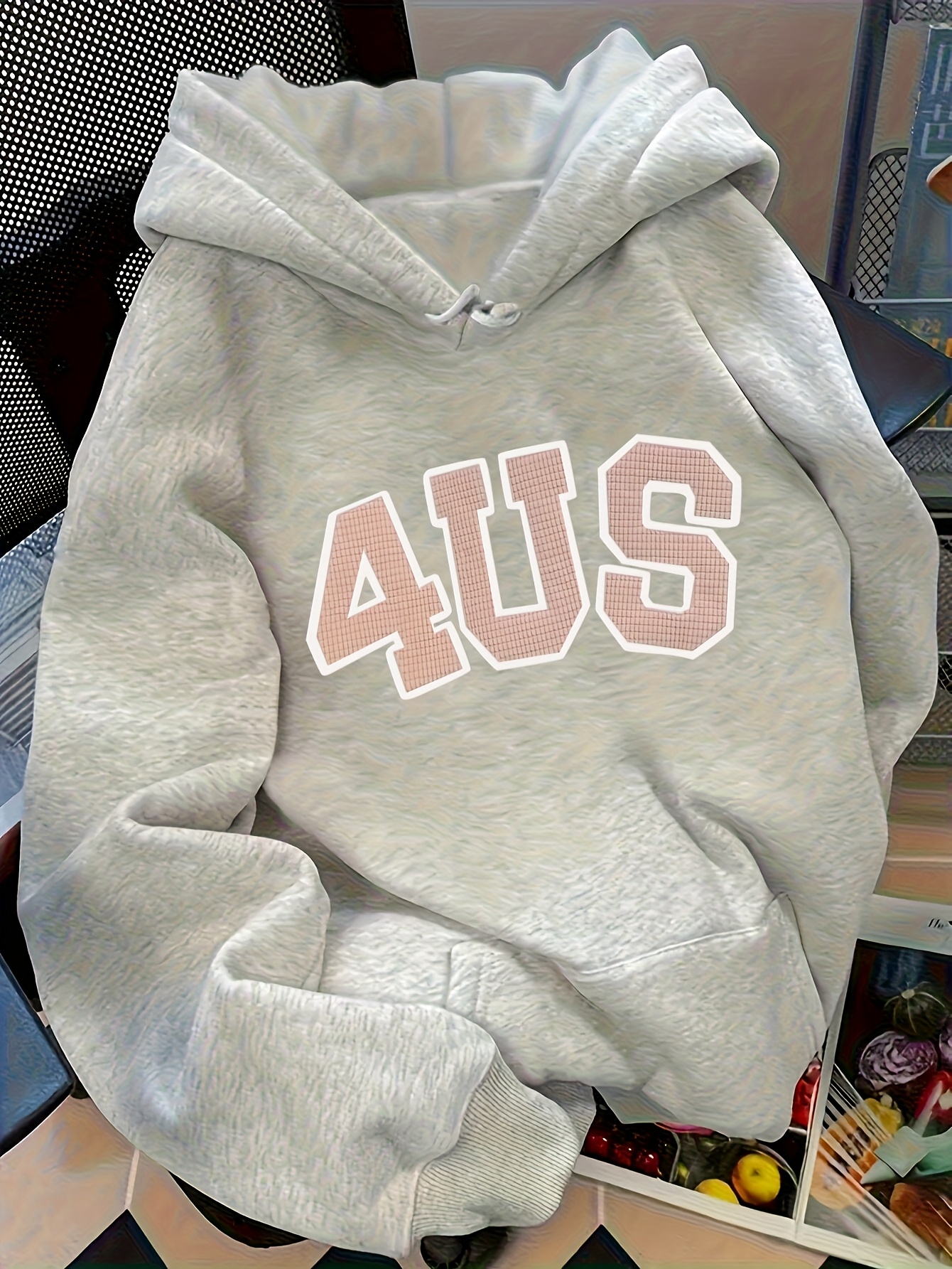 Women's 4us Letter Print Hooded Sweatshirt - Cozy Fleece-Lined Long Sleeve Pullover With Kangaroo Pocket, Casual Sporty Top For Fall/Winter, Black With Pink Lettering, Casual Sportswear | Casual Sporty Style | Comfortable Fit | IFYHOME