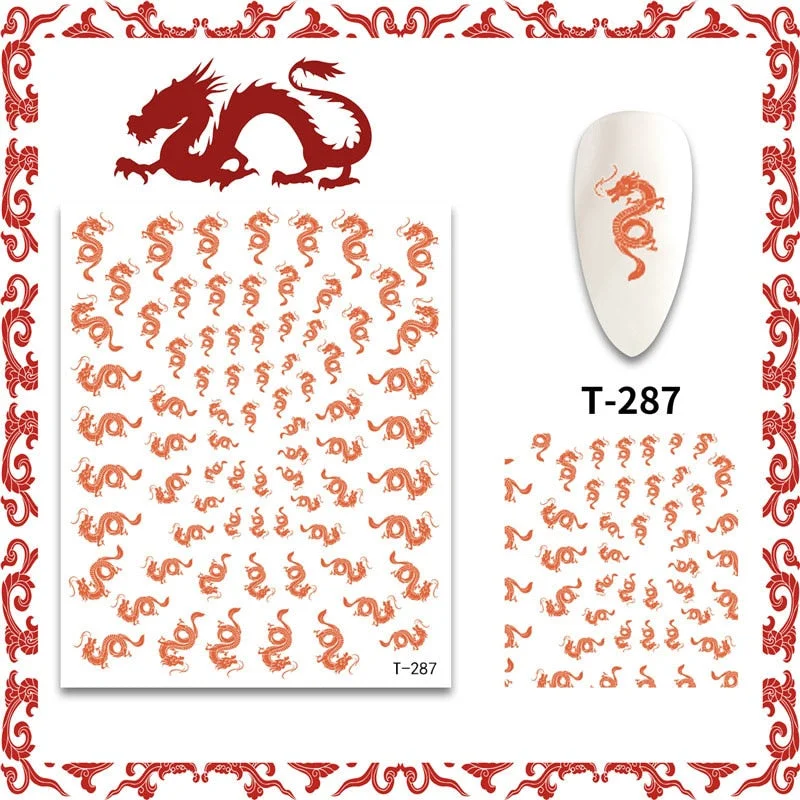 New 3D Nail Art Stickers Decals Red Black Dragons Design Colorful Adhesive Stickers Nail Art Decoration-Nail Inspo