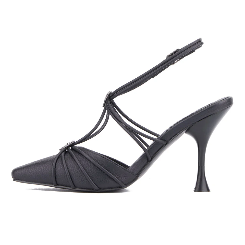 Women's Black Pointed Toe Buckled Rhinestone Heart Pumps Heels