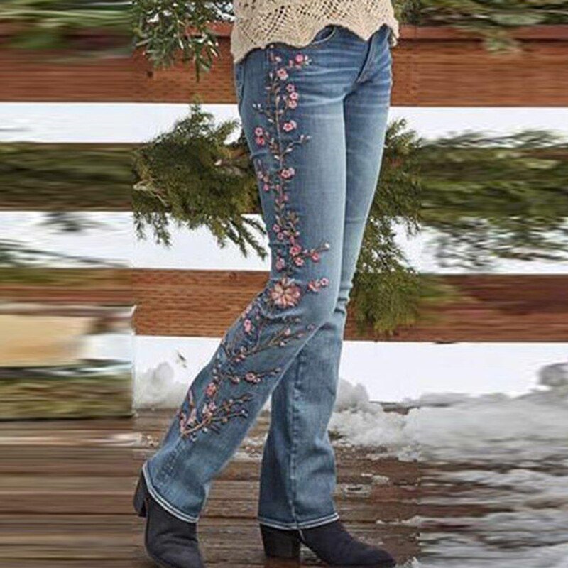 Ladies Vintage Embroidery Jeans Women Flower Pants 2021 Fall Winter New Fashion Plus Size Straight Mid Waist Womens Jeans