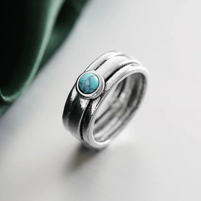 Sterling Silver boho blue turquoise vintage engraved statement ring