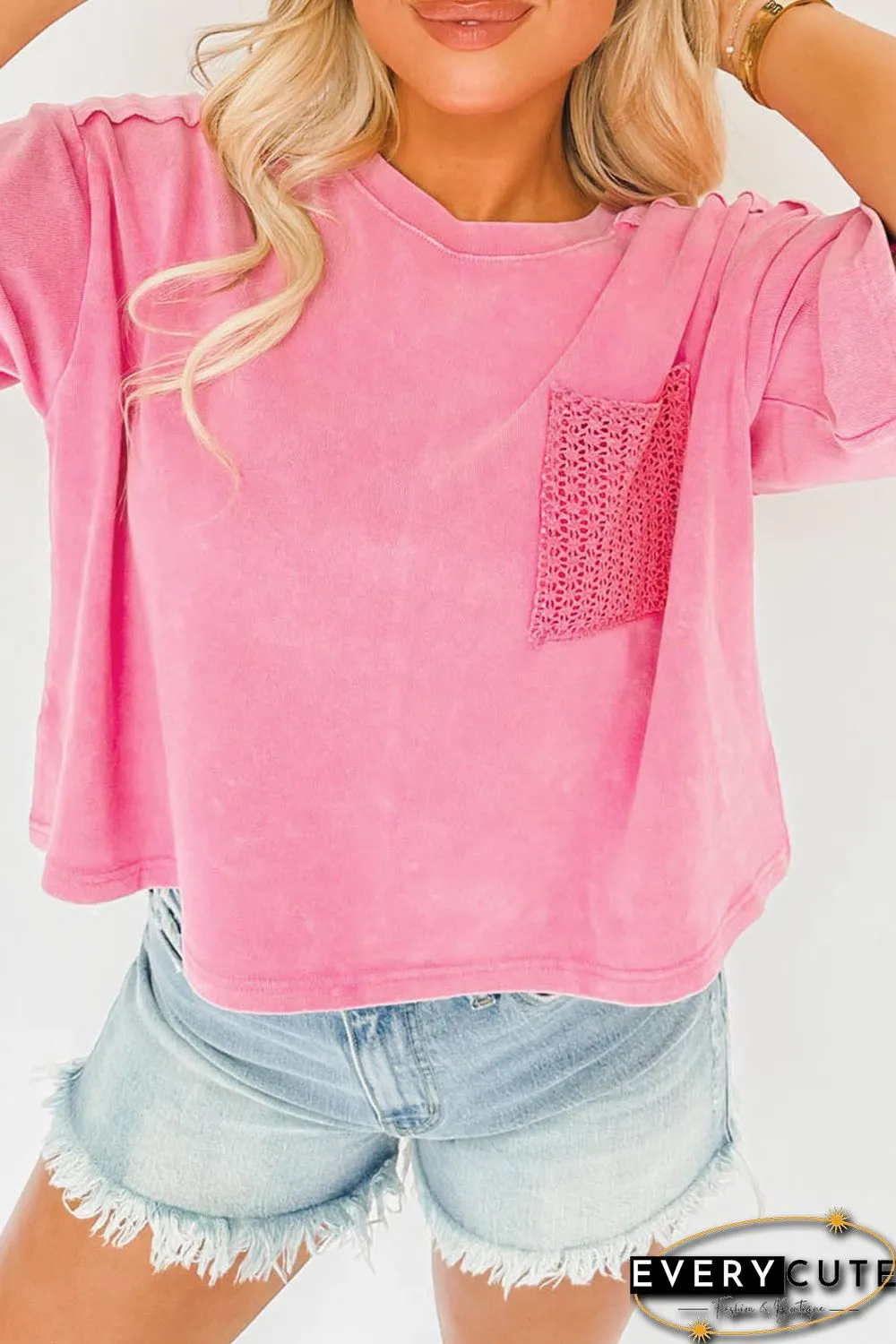 Pink Acid Wash Lace Patch Pocket T-Shirt