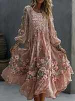 Women's Floral Roses Art Print Flowy Linen Blend Casual Long Sleeve Maxi Dress