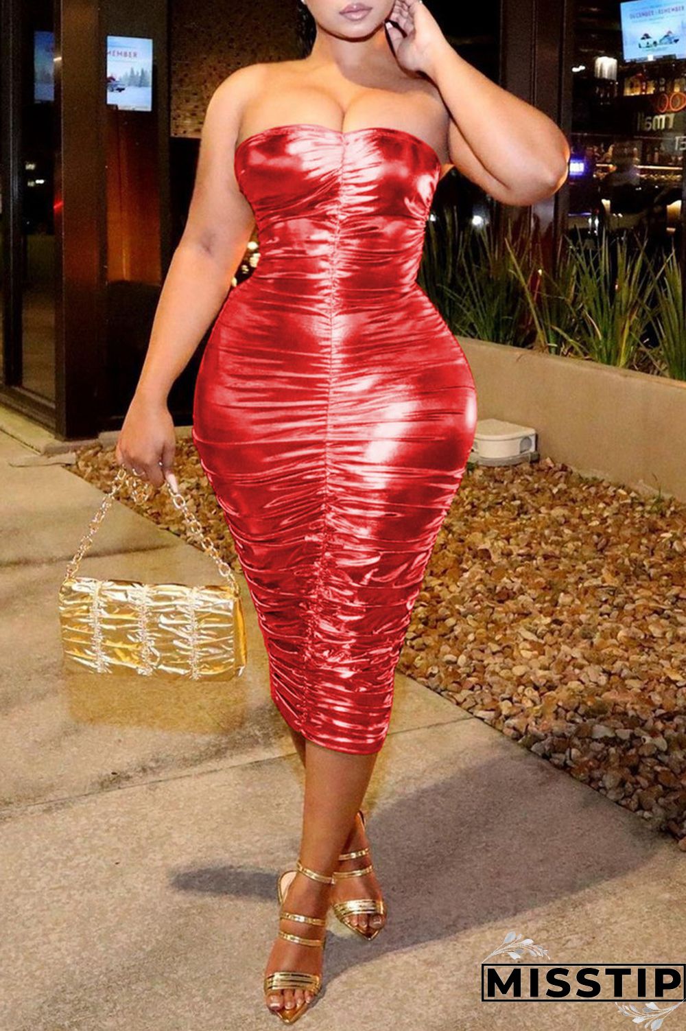 Golden Yellow Sexy Solid Fold Strapless Sleeveless Dress