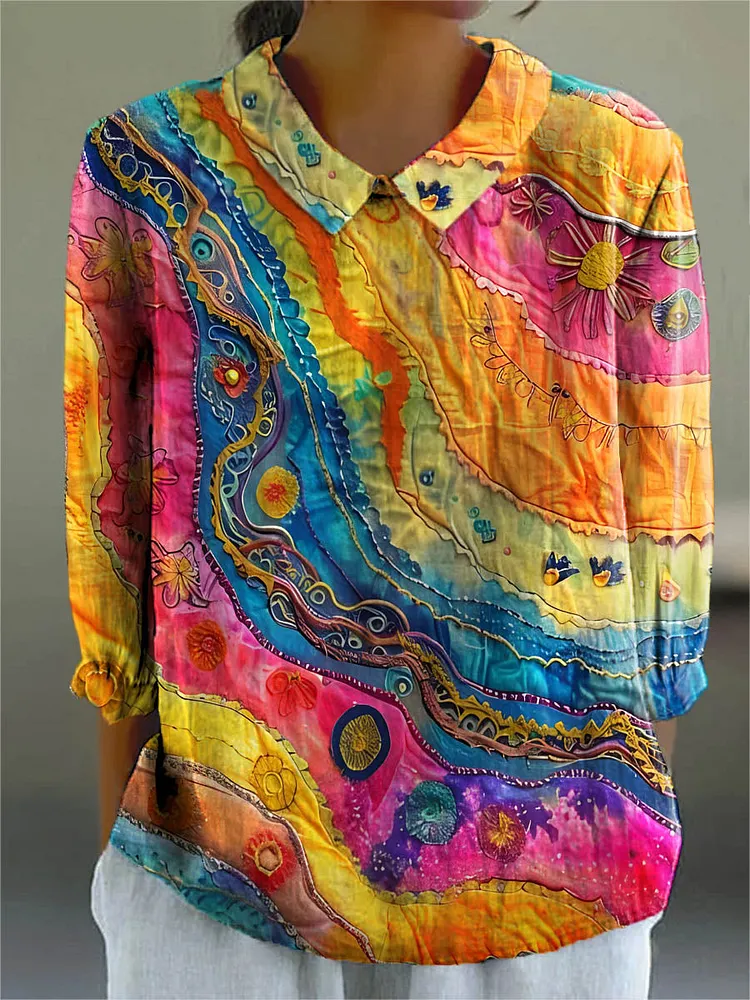 Women's Abstract Line Pattern Art Print Casual Cotton And Linen 3/4 Sleeve Shirt