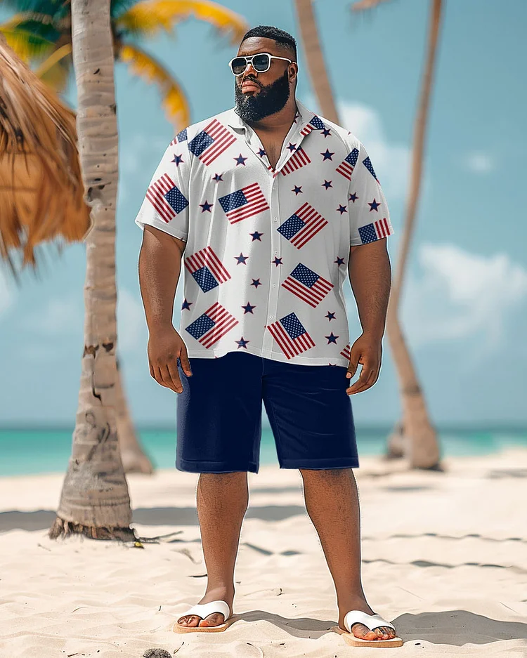 Men's Plus Size Summer Independence Day Flag Print Shirt Shorts Suit