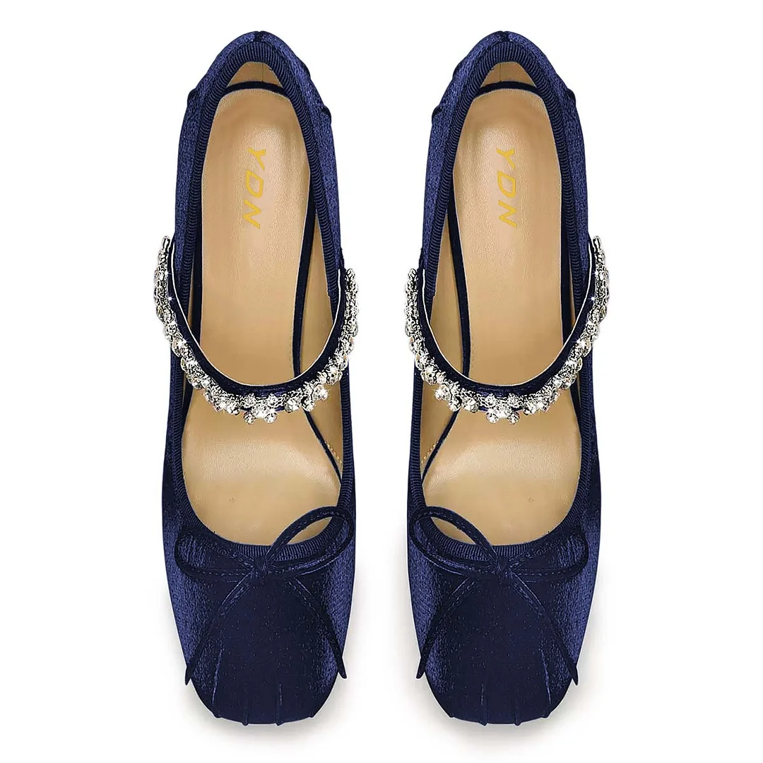 Velvet Rhinestone Strap Square Toe Bow Navy Flared Heel Pumps Shoes