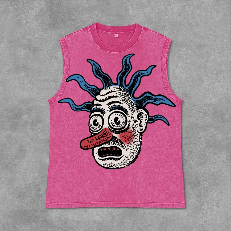 Funny Cartoon Avatar Graphics Print Acid Washed Sleeveless Tank Top SOPULA