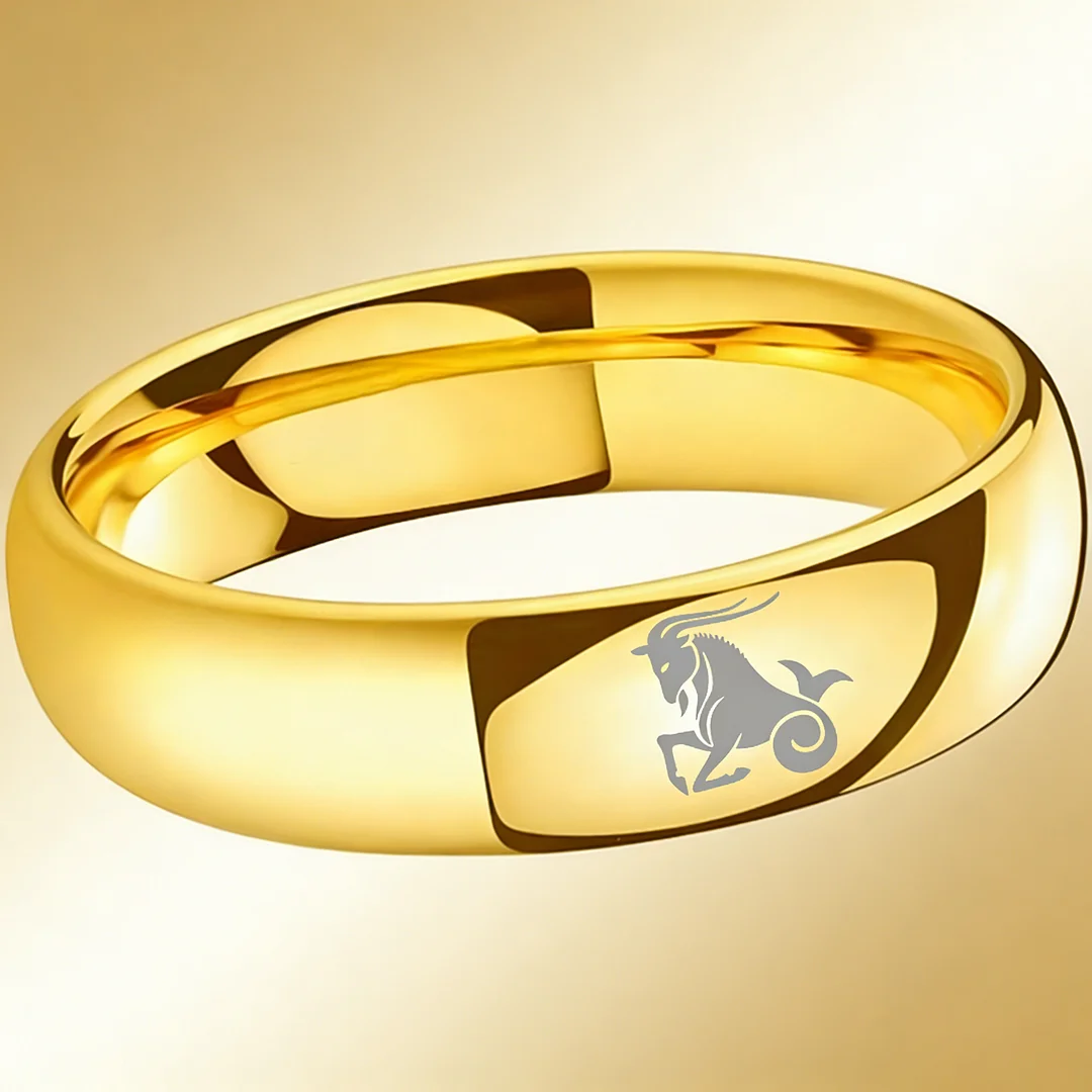 4MM 6MM 8MM Gold Capricorn Tungsten Carbide Rings Prints Laser Design Domed Top Tungsten Wedding Bands
